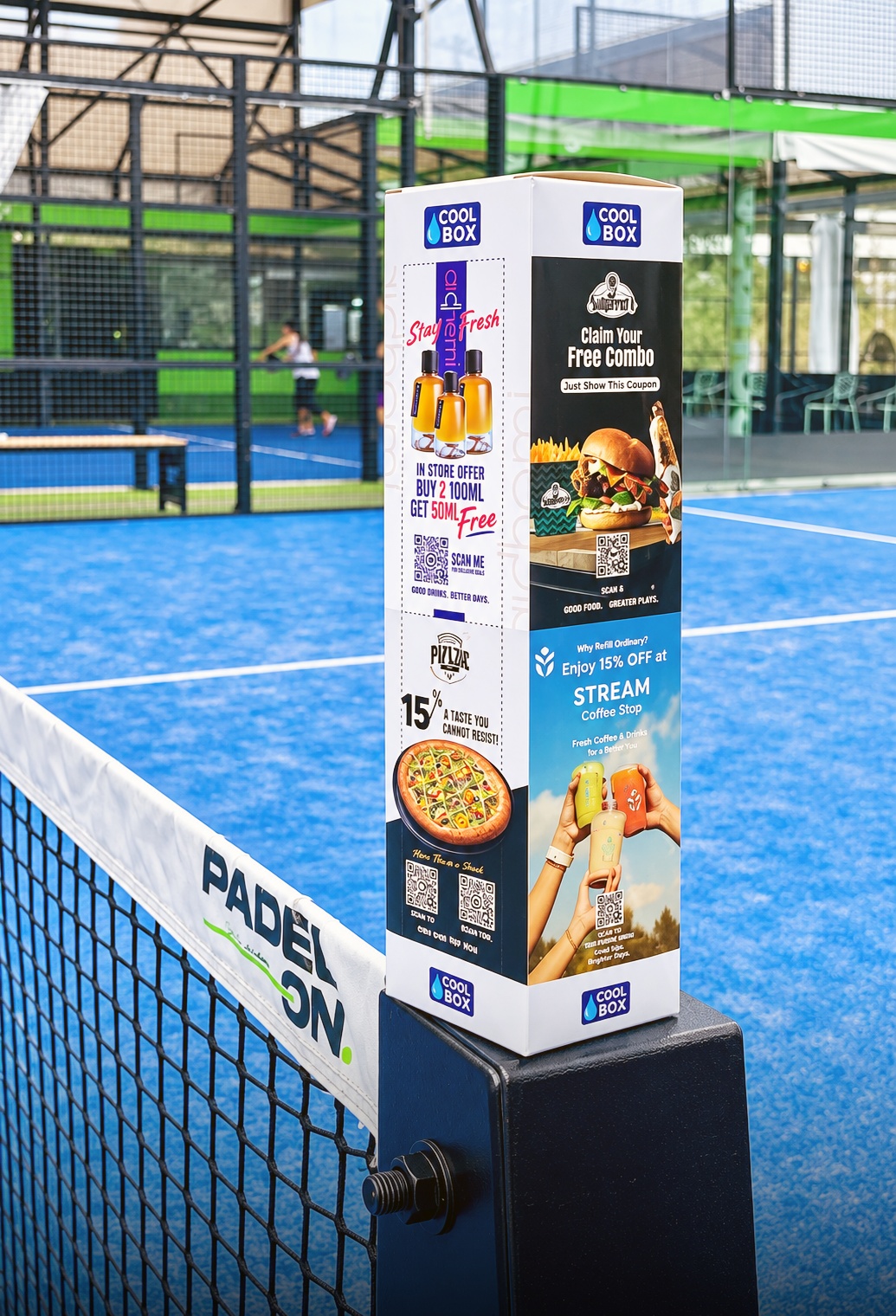 Cool Box displayed beside a padel court
